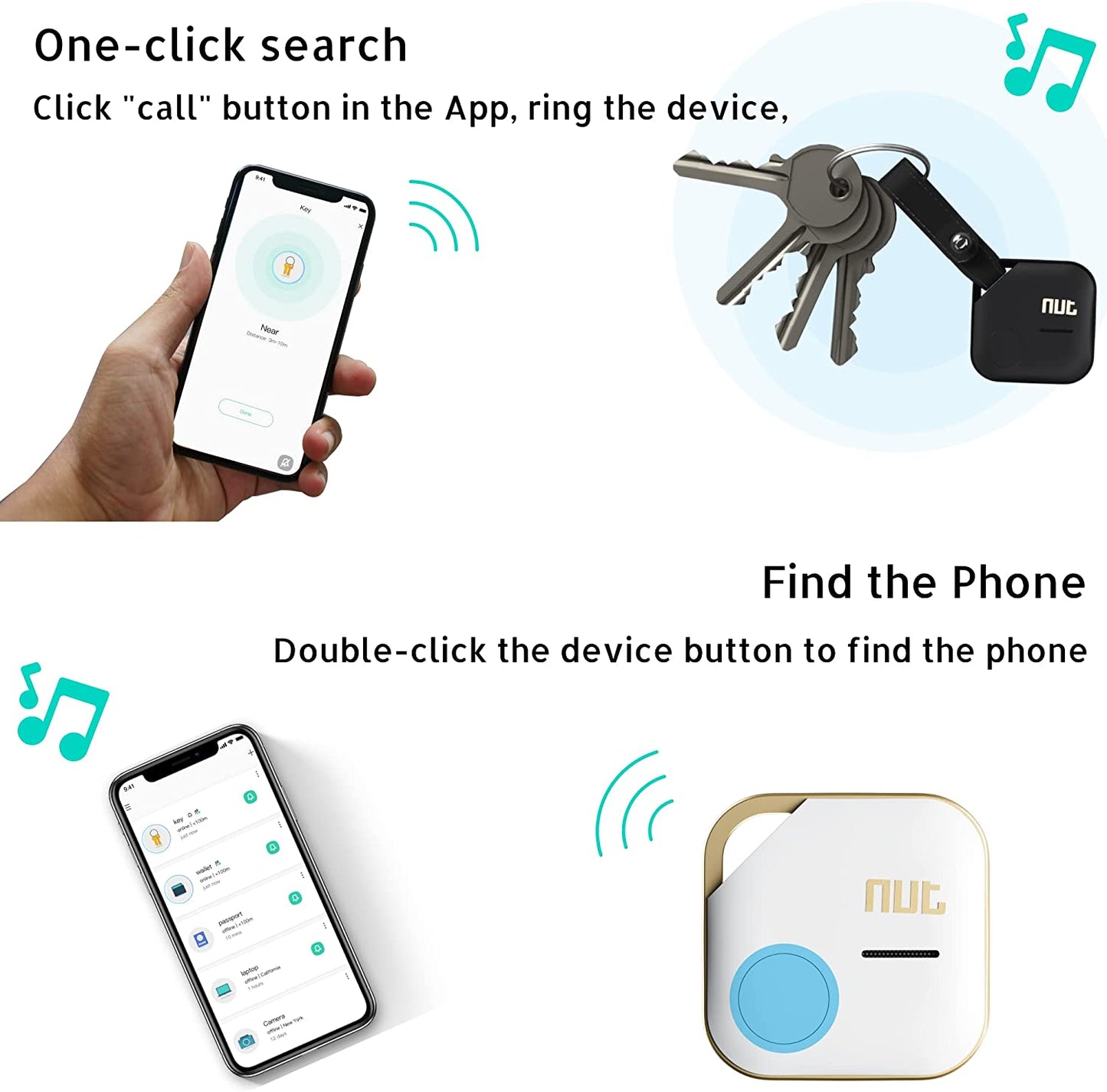 Nutale Key Finder, Bluetooth Tracker Item Locator with Key Chain for Keys Pet Wallets or Backpacks and Tablets, Batteries Include (White & Black, 4 Pack)