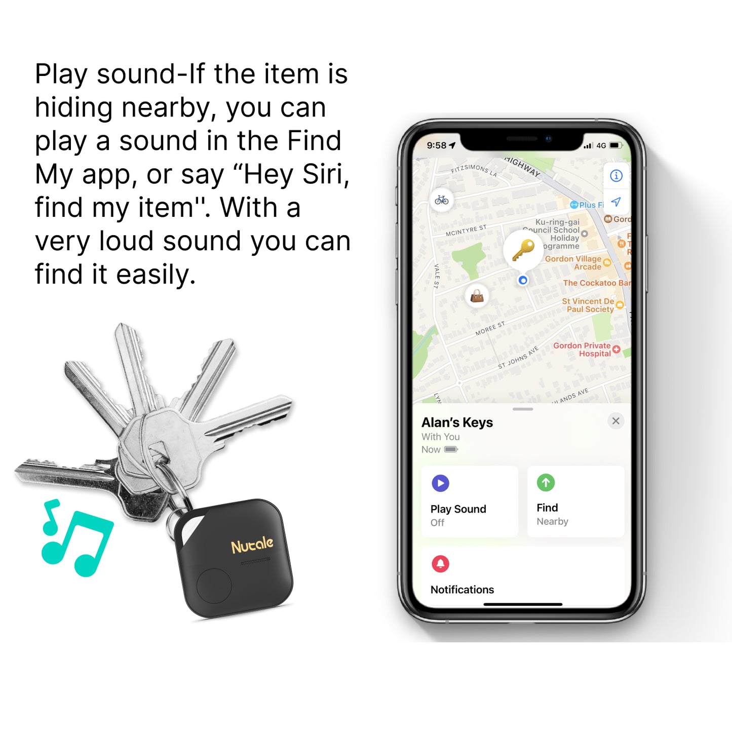 Nutale AirPro Key Finder Tag (iOS Only), Bluetooth Tracker Item Locator with Key Chain for Keys Pet Wallets or Backpacks and Tablets Batteries Include Compatible with FindMy APP (Black, 1 Pack)