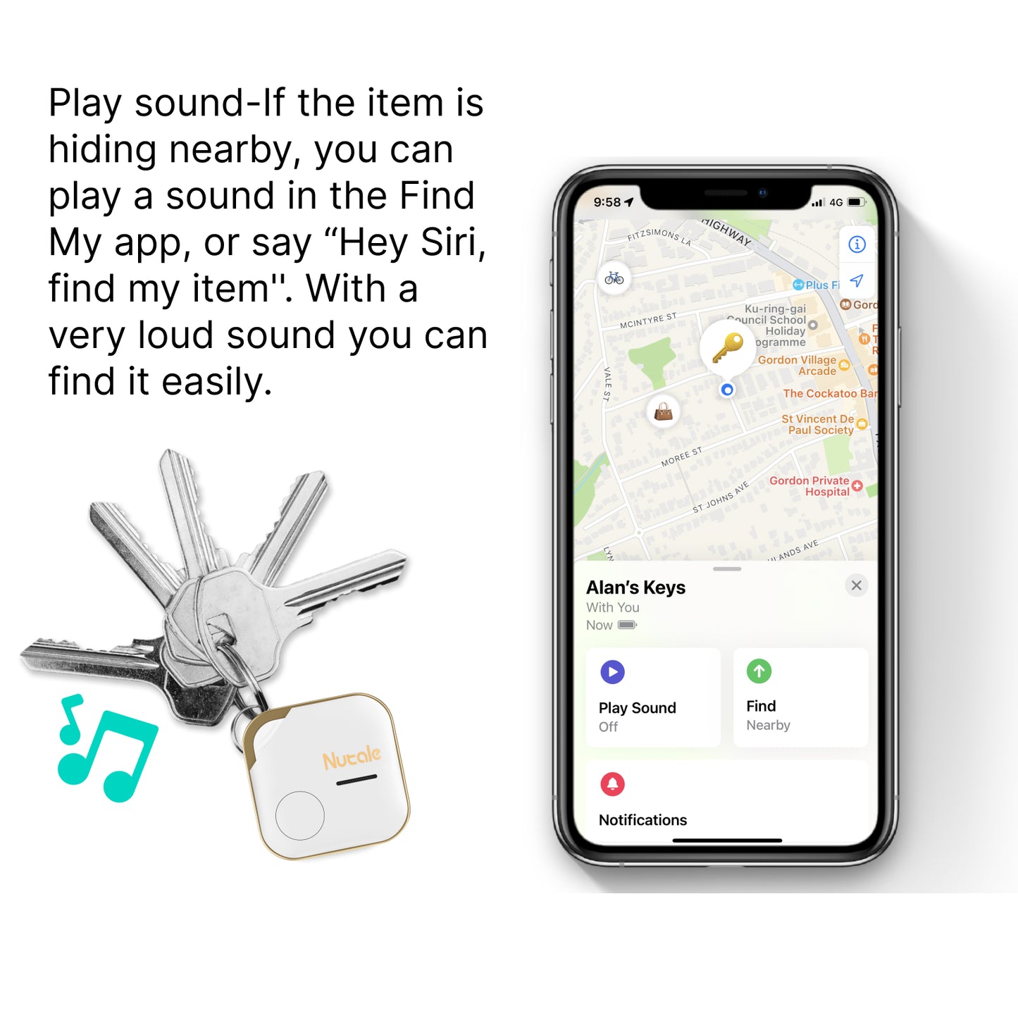 Nutale AirPro Key Finder Tag (iOS Only), Bluetooth Tracker Item Locator with Key Chain for Keys Pet Wallets or Backpacks and Tablets Batteries Include Compatible with FindMy APP (White, 1 Pack)